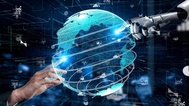 A high-tech image of a robotic hand reaching out to a digital representation of Earth, showcasing data graphs and analytics in a futuristic environment. Xenic - Powered by Adobe