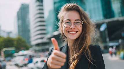 successful businesswoman standing in city performing thumbs up sign showing confidence motivation achievement leadership positivity and modern corporate success attitude