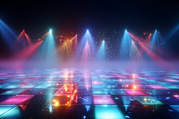 Futuristic nightclub scene with illuminated rainbow grid and colorful lights