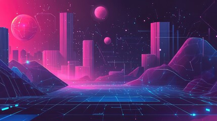Futuristic synthwave cityscape with digital connections and planets