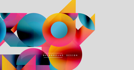Abstract colorful shapes overlap, creating dynamic modern visual. Gradient hues blend, forming vibrant composition. Minimalist design elements present.