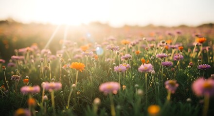 Sunlit meadow of wildflowers in full bloom, a vibrant tapestry of colors under a warm, golden light in the countryside