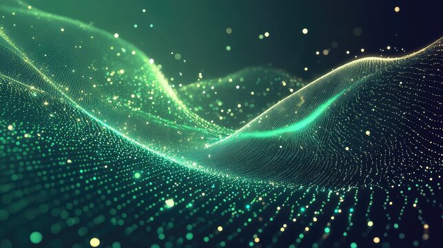 Green digital wave flowing particles technology background