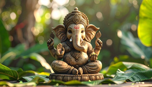 Eco-friendly Ganesh idol made of earthy textures placed against a backdrop of banana leaves, soft daylight, and subtle festive decor enhancing a peaceful vibe.