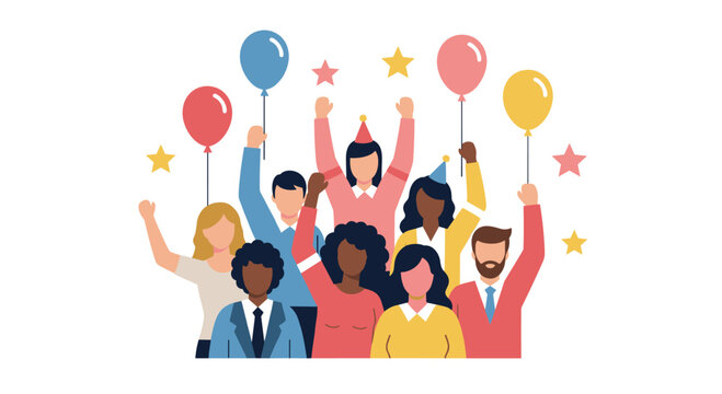 Excited group celebrating success with balloons and party hats, diverse team enjoying a cheerful moment together, perfect for corporate events