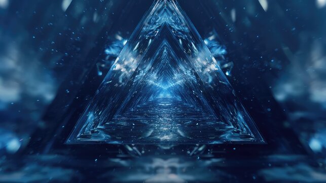 Blue futuristic triangular tunnel leading to infinity