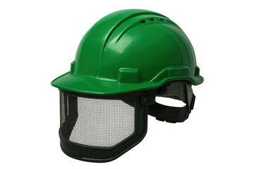 Green safety helmet and face shield providing worker head and facial protection, featuring mesh visor on transparent background
