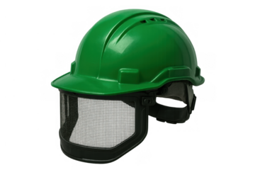 Green safety helmet and face shield providing worker head and facial protection, featuring mesh visor on transparent background