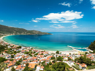 Aerial view of beautiful tropical beach. Golden Beach, Thassos, Greece