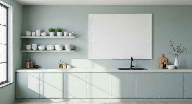 Minimalist kitchen interior with pastel green walls and clean white cabinetry with open shelving