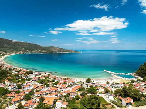Aerial view of beautiful tropical beach. Golden Beach, Thassos, Greece