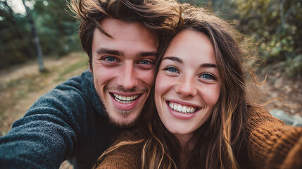 couple in nature holding camera for selfie smiling and laughing showing love relationship joy affection bonding carefree lifestyle and happiness together outdoors