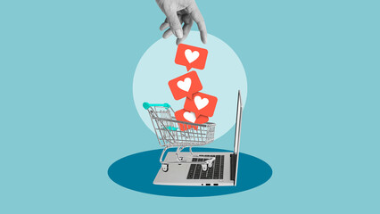 Audience engagement, digital shopping, social commerce and marketing strategy are shown by Shopping cart filled with likes icons on laptop