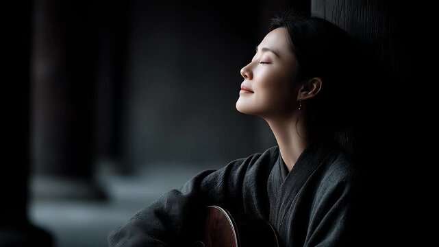 Tang-style woman playing Qin, contemplating the charm of traditional culture