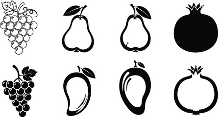 Collection of hand drawn black and white fruit icons in a grid pattern on a white background
