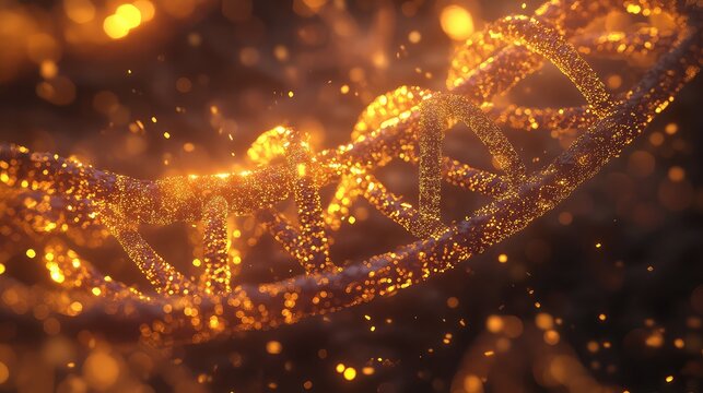 Dna double helix structure glowing with golden particles