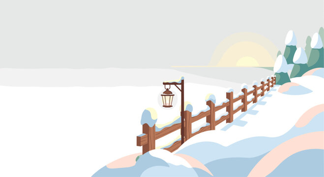Enchanting snowy winter landscape with rustic wooden fence and lantern under soft pastel sky, evoking peaceful holiday season getaway vibes