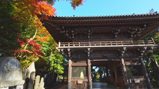 紅葉に映える高尾山薬王院の天狗像と山門
