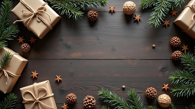 A festive arrangement of wrapped gifts, pine branches, and seasonal decorations on a rustic wooden background.