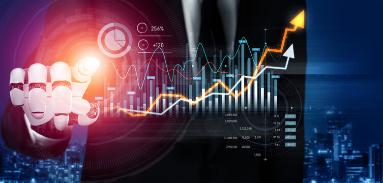 A businessman in a suit interacts with a digital display, analyzing financial data and stock trends with various visual graphs and charts indicating growth performance. Scalp