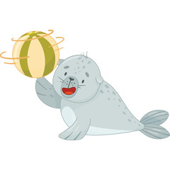 Young Seal Balancing Striped Ball on Flipper with Open Mouth and Swirling Motion Effect on Transparent Background