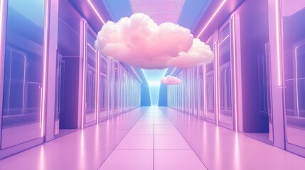 Cloud computing data center hallway with floating clouds