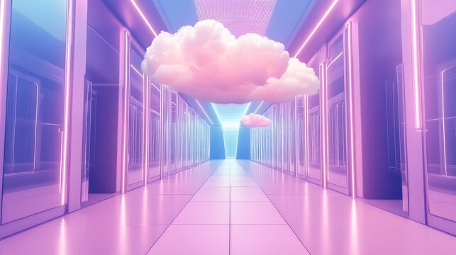 Cloud computing data center hallway with floating clouds - Powered by Adobe