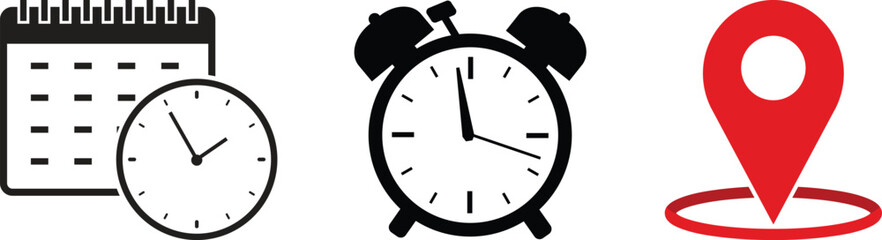 Vector art of a set of date, time, and address icons isolated on white background, representing calendar appointments, clock times, and location markers for navigation