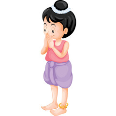 Young Thai Girl With Traditional Purple Sarong and Pink Tank Top Clasps Hands In Greeting Gesture Barefoot With Anklet Transparent Background