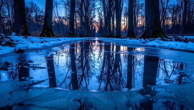 Enchanting winter landscape reflecting in icy water, bare trees mirroring in a serene pool at twilight, a magical scene evoking peace and tranquility, perfect for nature lovers and winter dreamers