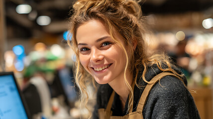 young female cashier at the supermarket checkout offering friendly customer service standing behind the register in a bright clean and modern retail environment