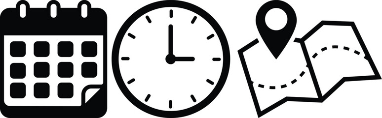 Vector art of a set of date, time, and address icons isolated on white background, representing calendar appointments, clock times, and location markers for navigation