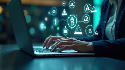 A woman in a suit types on a laptop, surrounded by futuristic digital icons, representing technology and connectivity.