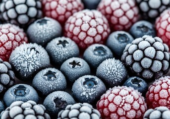 Close-up of frozen blueberries and raspberries covered in frost.