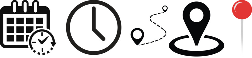 Vector art of a set of date, time, and address icons isolated on white background, representing calendar appointments, clock times, and location markers for navigation