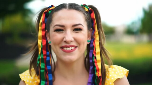 Woman with pigtails smiling in the park with colorful ribbons, blurred background. Possible use cheerful
