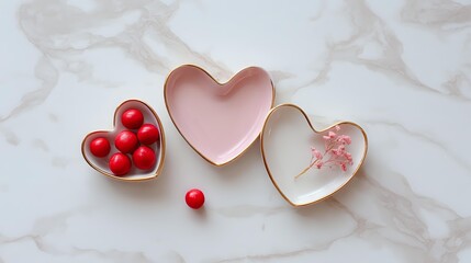 Three heart-shaped dishes arranged on a marble surface perfect for Valentines Day or romantic themes