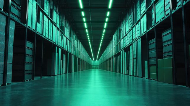 Modern warehouse aisle with server racks and green lighting