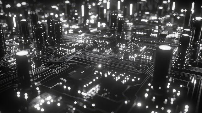 Circuit board technology with glowing circuits and data flow