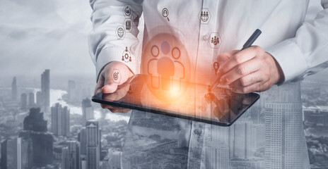 Glowing human figures surrounded by business icons representing HR data analysis, employee management, and recruitment analytics Parse