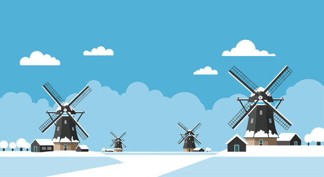 Enchanting winter landscape with windmills and snow-covered cottages under a serene blue sky perfect for holiday promotions and winter themes