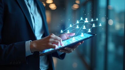 A male business professional interacts with a tablet, showcasing digital network connections in a modern office setting.