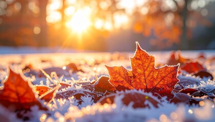 Stunning frosted maple leaf glistening in golden sunlight, a symbol of autumn's beauty and the crisp freshness of winter mornings, perfect for seasonal promotions and heartwarming designs