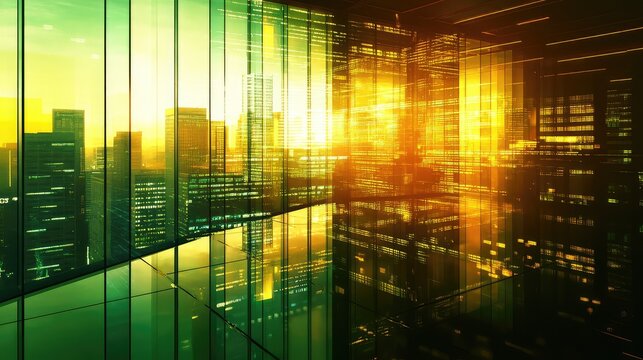 Urban cityscape with digital network data overlay reflections