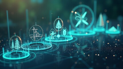 Abstract digital illustration showcasing renewable energy concepts with glowing icons of wind turbines, trees, and landscapes.