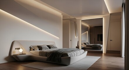 Modern bedroom layout with a sculpted bed fronting a frameless mirror surface, sharp architectural angles, soft ambient glow, and hyper-real HD detail
