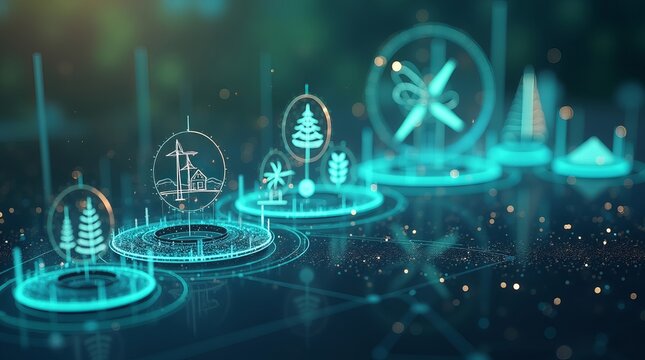 Abstract digital illustration showcasing renewable energy concepts with glowing icons of wind turbines, trees, and landscapes.