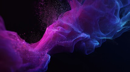Abstract purple and blue smoke flowing with glowing particles