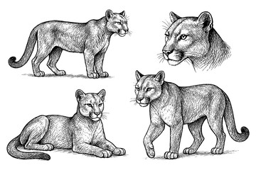 cougar set in detailed vintage engraving style, Transparent Background