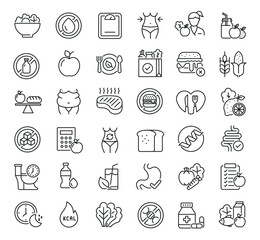 Fototapeta premium Set of collection line icons related Nutrition. Editable stroke. Perfect pixel on transparent background